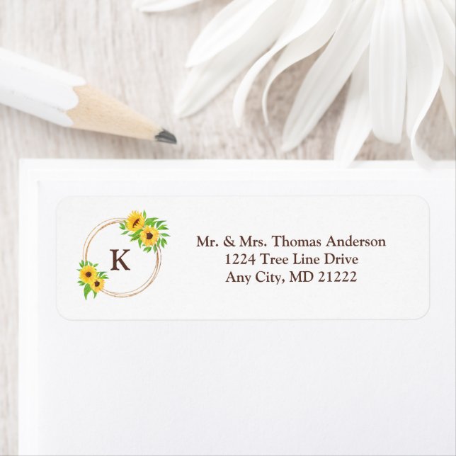 Monogram Solblommor Guld Ram Grönt Löv Rustic Returadress Etikett (Insitu)