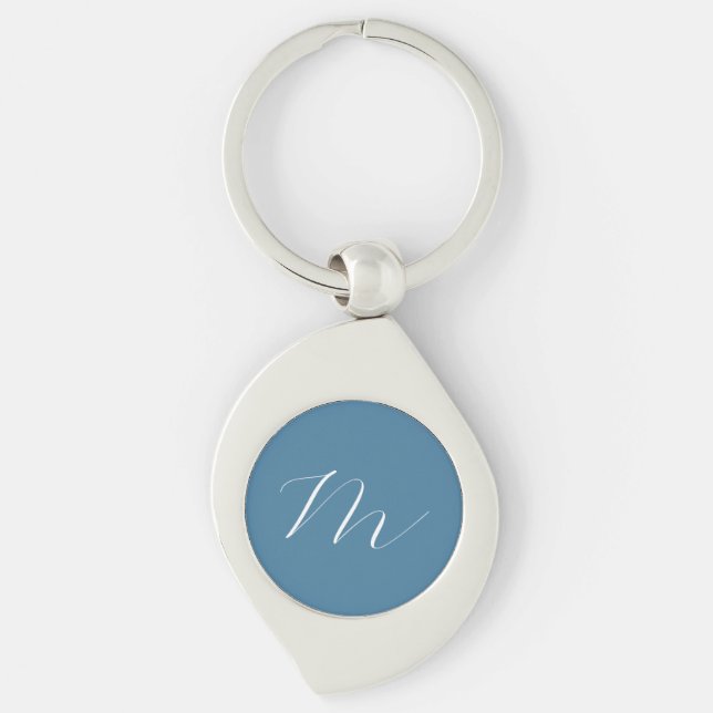Monogram Solid Blue Pastel Minimalist-Professionel Swirl Silverfärgad Nyckelring (Framsidan)