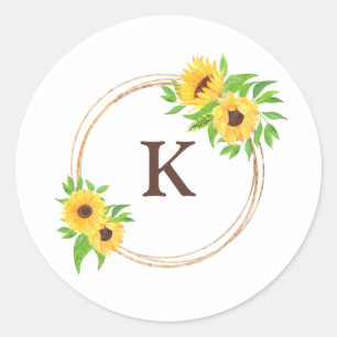Monogram Solros Grönska Rustika Kuvertsigill Runt Klistermärke