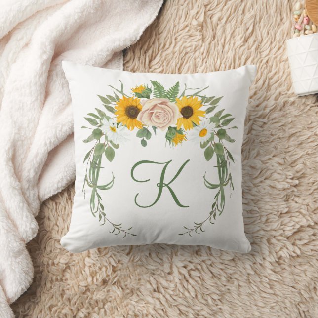 Monogram Solrosros Grönska Blommig Botanisk Kudde (Filt)