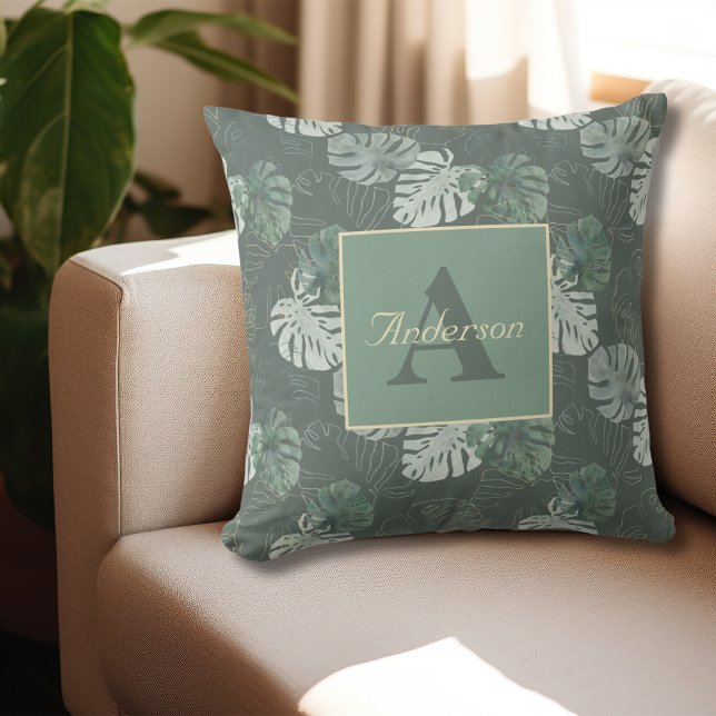 Monogram sommar Tropical Handflatan Löv Watercolor Kudde (Monogram Initial and Name Summer Tropical Palm Leaves Watercolor Outdoor Pillow )