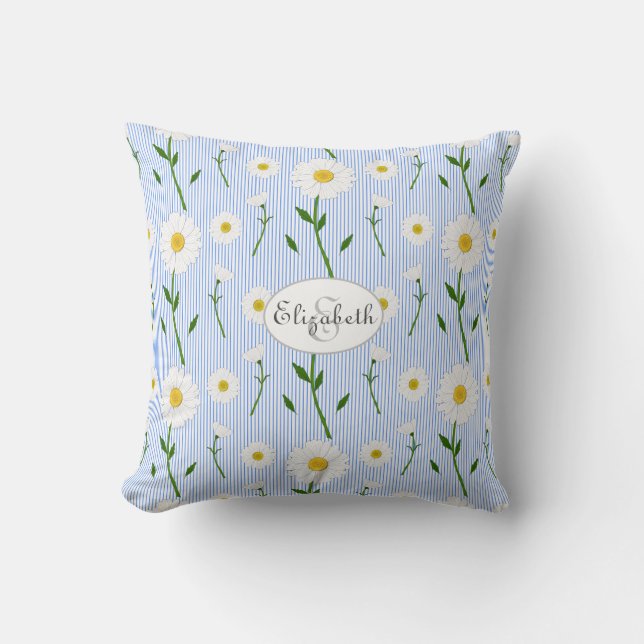 Monogram, sommartid, Daisy blomma Mönster Blue Ran Kudde (Framsida)