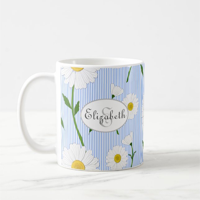 Monogram, sommartid, Daisy Mönster Light Blue Rand Kaffemugg (Vänster)