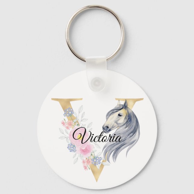Monogram, söt blommigt, gigle equestrian namn l nyckelring (Framsida)