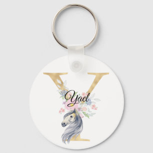 Monogram, söt blommigt, gigle equestrian namn l nyckelring