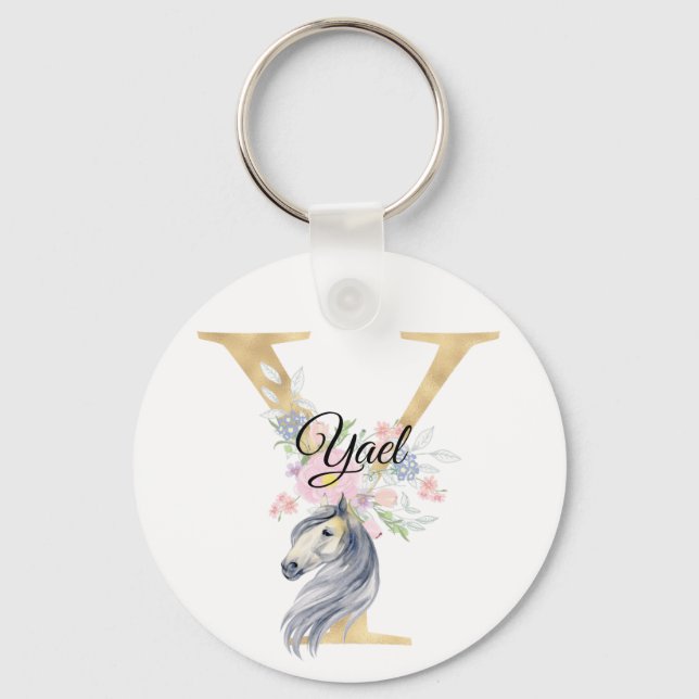 Monogram, söt blommigt, gigle equestrian namn l nyckelring (Framsida)