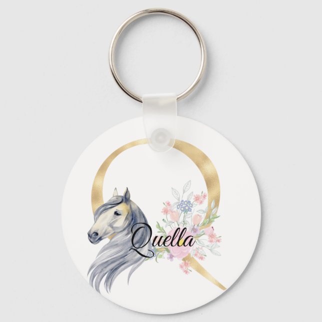 Monogram, söt blommigt, giglisk häst namn nyckelring (Framsida)