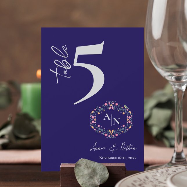 Monogram Söt Blommigt Ram Bröllop Bordsnummer (Monogram Pretty Floral Frame Wedding Table Number)