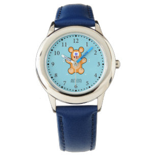 Monogram söt brun nalle på blå armbandsur