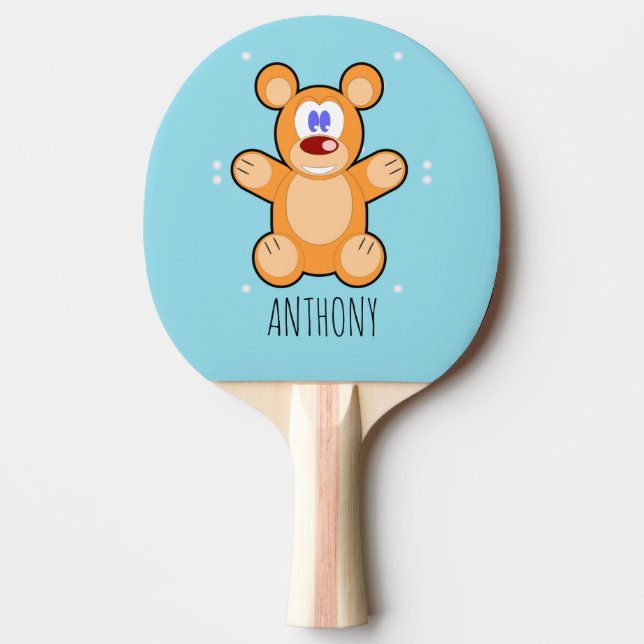Monogram söt brun nalle på blå pingisracket (Framsidan)