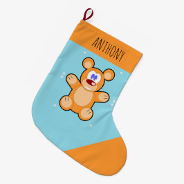 Monogram söt brun nalle på blå stor julstrumpa