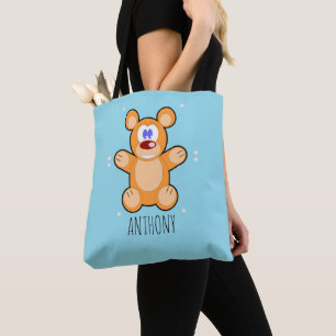 Monogram söt brun nalle på blå tygkasse