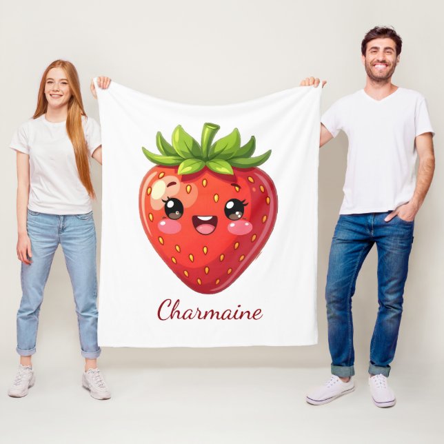 Monogram söt jordgubbe kawaii fleecefilt (På plats)