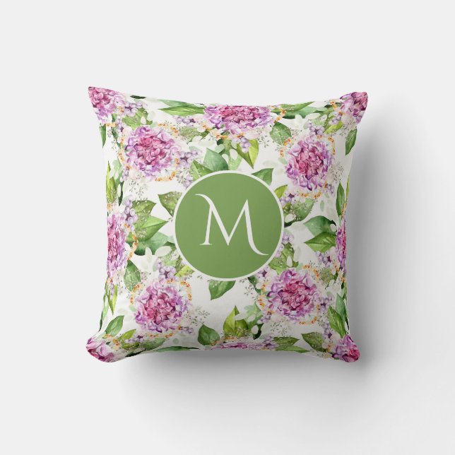 Monogram Söt Lila Grönt Vattenfärgad Blommigt Kudde (Framsida)