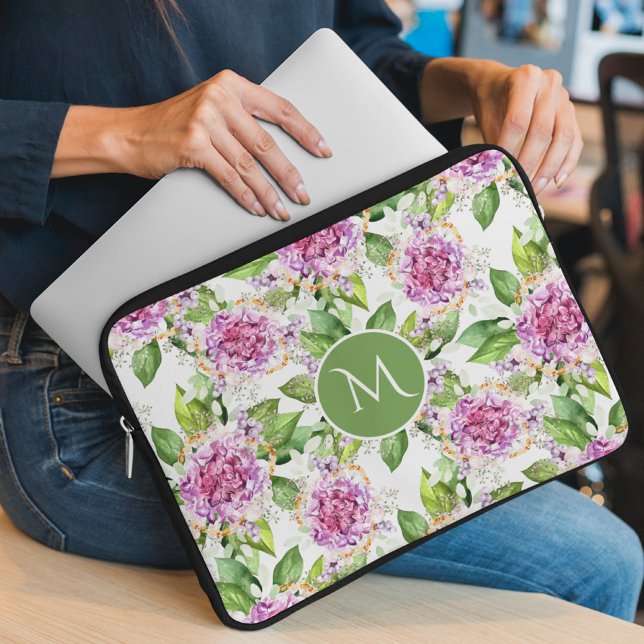 Monogram Söt Lila Grönt Vattenfärgad Blommigt Laptop Fodral (Skapare uppladdad)