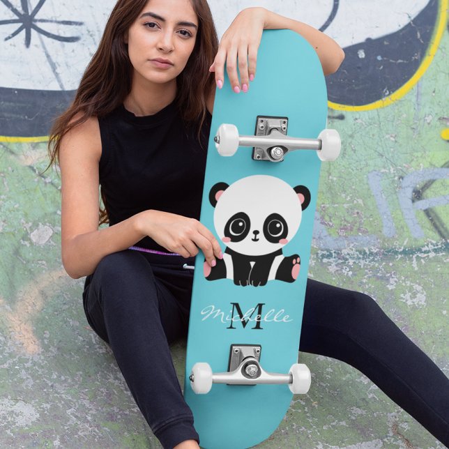 Monogram Söt Panda Personlig Bubble Gum Blå Mini Skateboard Bräda 18,5 Cm (Skapare uppladdad)