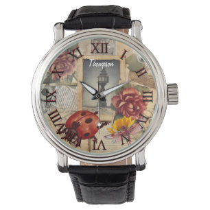 Monogram söt röd ladybug Rustic vintage-grafik Armbandsur