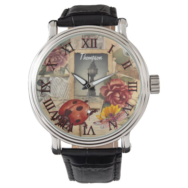 Monogram söt röd ladybug Rustic vintage-grafik Armbandsur (Framsida)