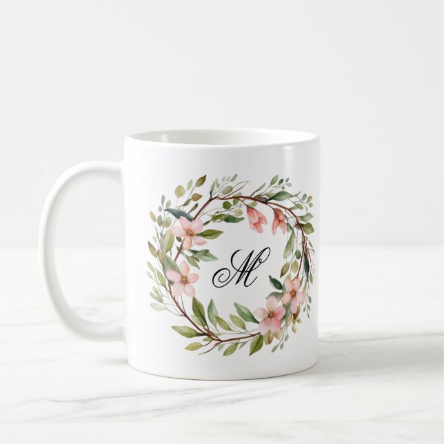 Monogram Söt Twig och Wildblomkrans Kaffemugg (Vänster)