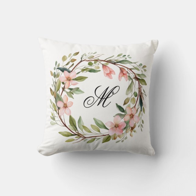 Monogram Söt Twig och Wildblomkrans Kudde (Framsida)