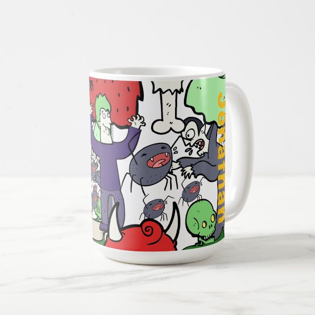 Monogram söta tecknade bilder färgglada födelsedag kaffemugg (Framsida höger)