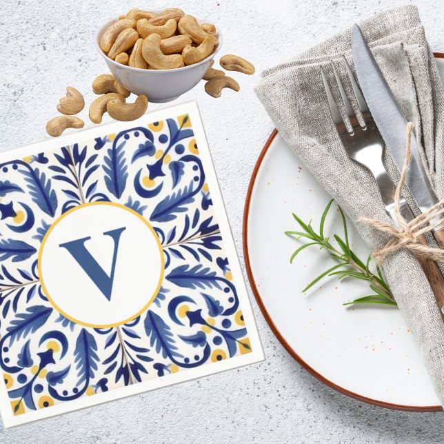Monogram spanska Blå blommans Gult Lemons Pappersservett (Skapare uppladdad)