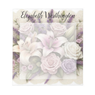 Monogram spets blommande lila rosor lavendel liljo anteckningsblock
