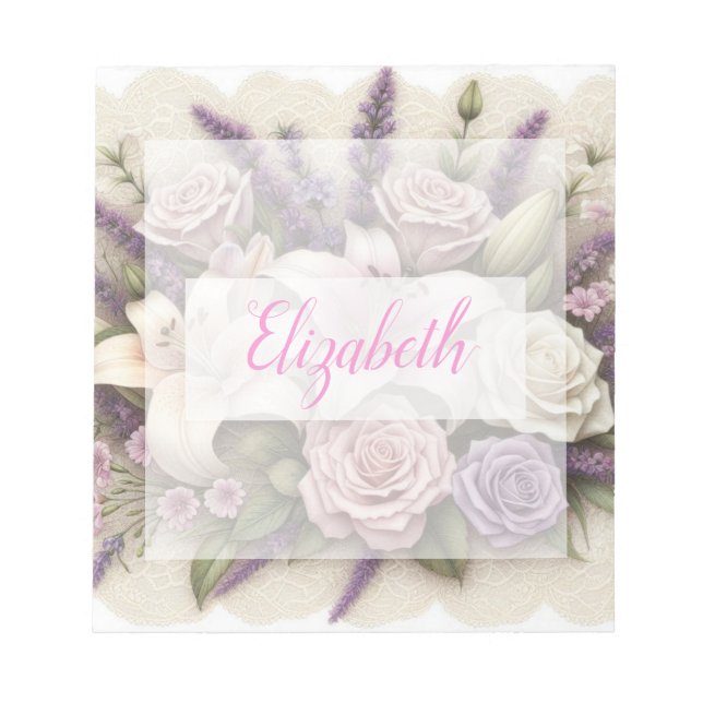 Monogram spets blommande lila rosor lavendel liljo anteckningsblock (Framsida)