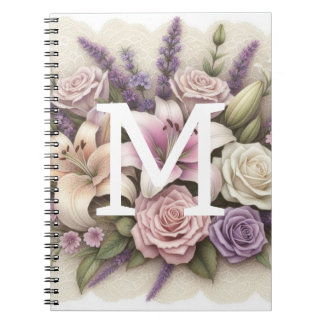 Monogram spets blommande lila rosor lavendel liljo anteckningsbok
