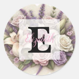 Monogram spets blommande lila rosor lavendel liljo runt klistermärke