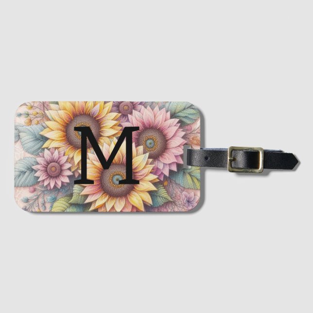 Monogram spets blommande rosa gul orange solrosor bagagebricka (Framsida horisontal)
