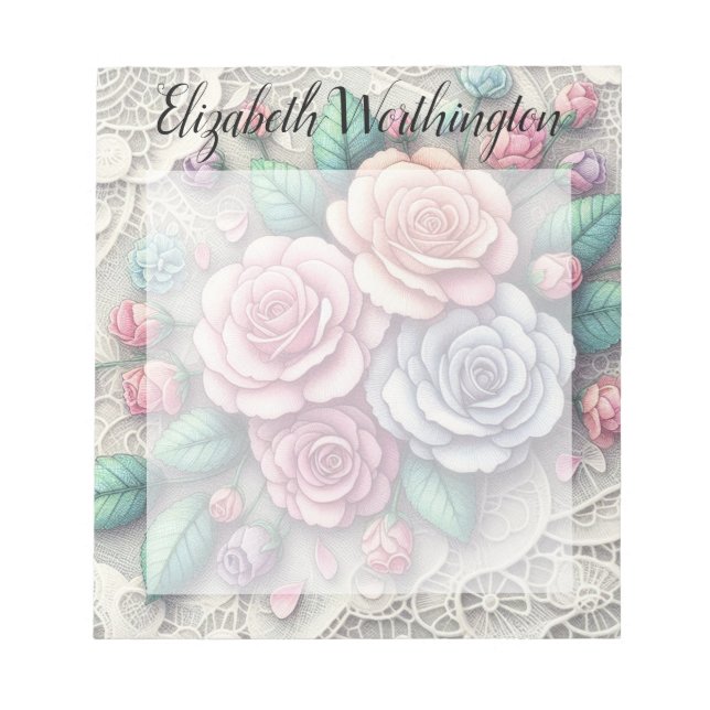 Monogram spets blommande rosa lila blå rosor anteckningsblock (Framsida)