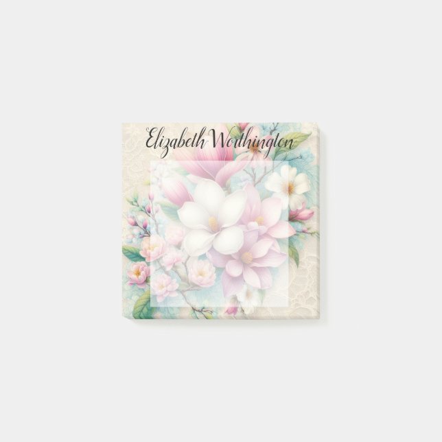 Monogram spets blommande rosa lila magnolia blomma post-it block (Framsida)
