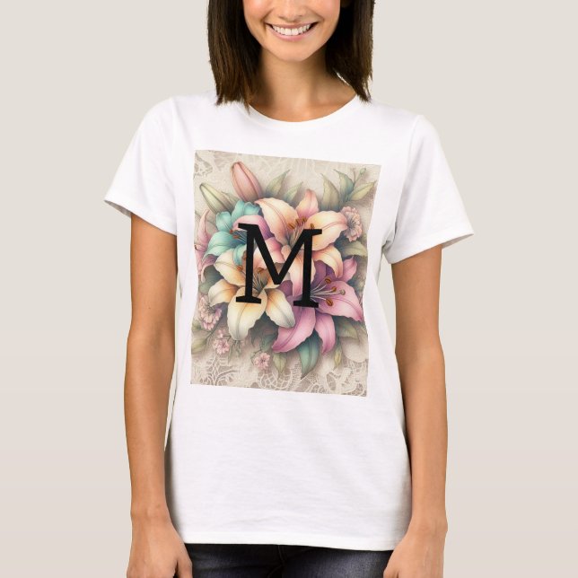 Monogram spets blommande rosa orange teal liljor  t shirt (Framsida)