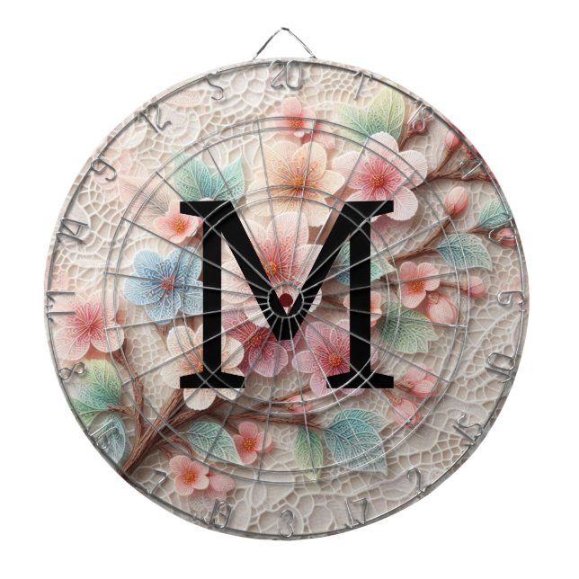Monogram spets blommande rosa pastell körsbärsblom darttavla (Framsidan)