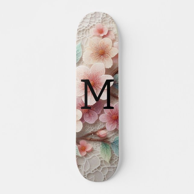 Monogram spets blommande rosa pastell körsbärsblom mini skateboard bräda 18,5 cm (Framsida)
