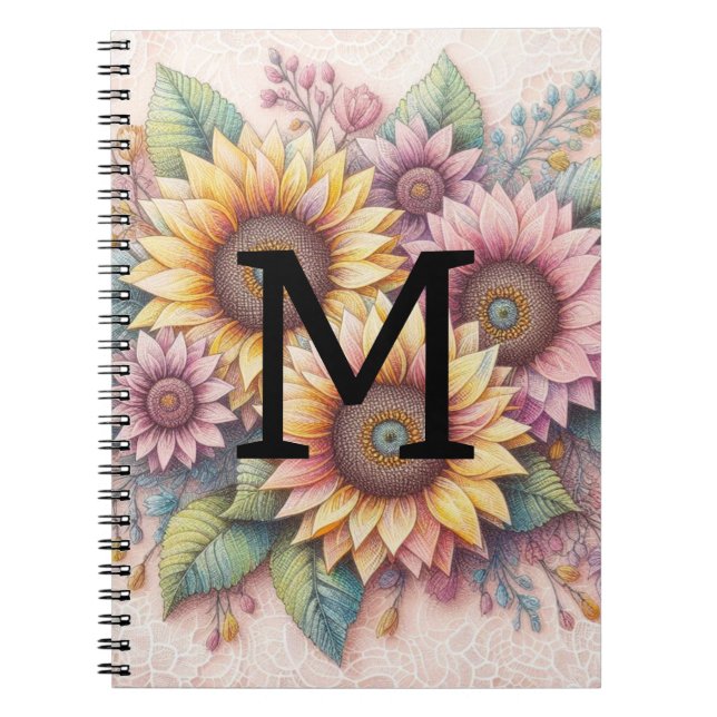 Monogram spets blommig rosa gul orange solrosor anteckningsbok (Framsidan)