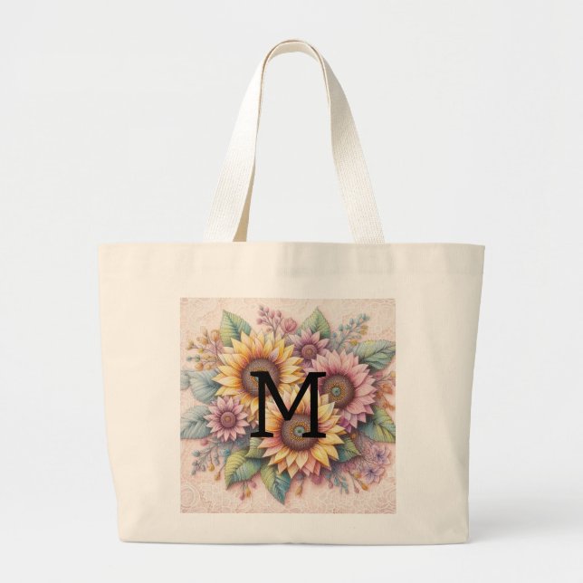 Monogram spets blommig rosa gul orange solrosor jumbo tygkasse (Framsidan)