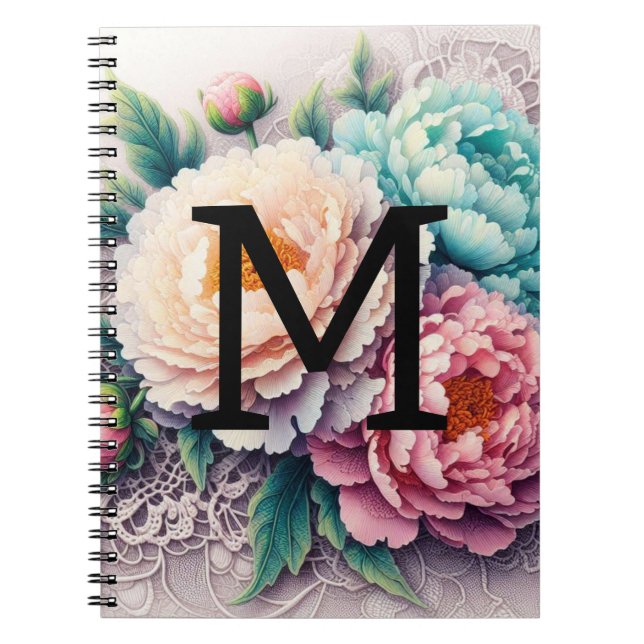 Monogram spets blommig rosa orange blå peonior  anteckningsbok (Framsidan)