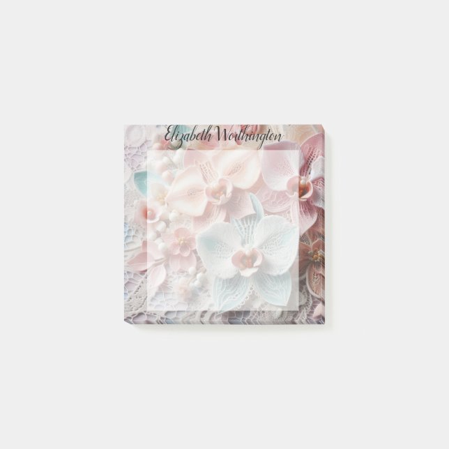 Monogram spets blommig rosa pastell orkidé blommor post-it block (Framsida)