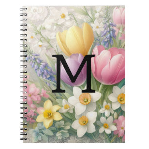 Monogram spets blomstergirlang pastell rosa tulpan anteckningsbok