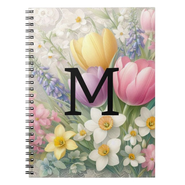 Monogram spets blomstergirlang pastell rosa tulpan anteckningsbok (Framsidan)