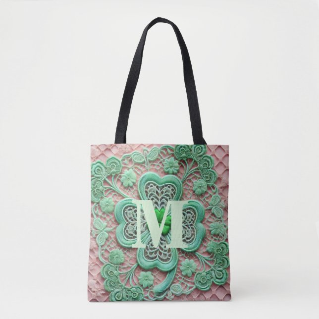 Monogram spets grön shamrock St Patrick's day  Tygkasse (Framsida)