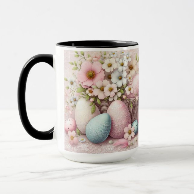 Monogram spets rosa blomster Påskägg i en korg  Mugg (Vänster)