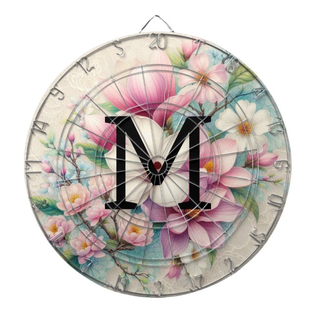 Monogram spets rosa lila magnolior blommor  darttavla (Framsidan)