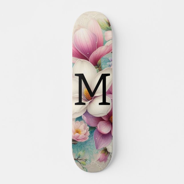 Monogram spets rosa lila magnolior blommor  mini skateboard bräda 18,5 cm (Framsida)