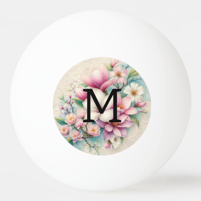 Monogram spets rosa lila magnolior blommor  pingisboll (Framsidan)
