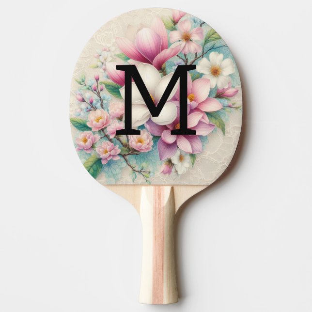 Monogram spets rosa lila magnolior blommor  pingisracket (Framsidan)
