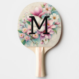 Monogram spets rosa lila magnolior blommor pingisracket