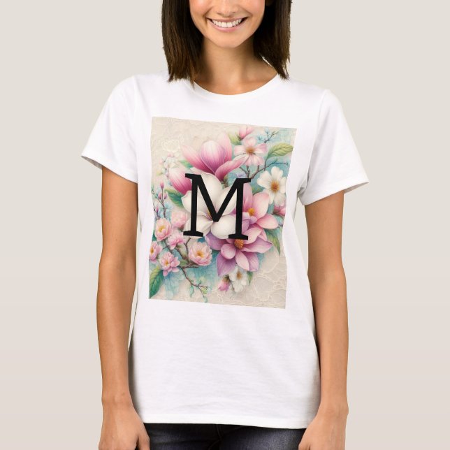 Monogram spets rosa lila magnolior blommor  t shirt (Framsida)